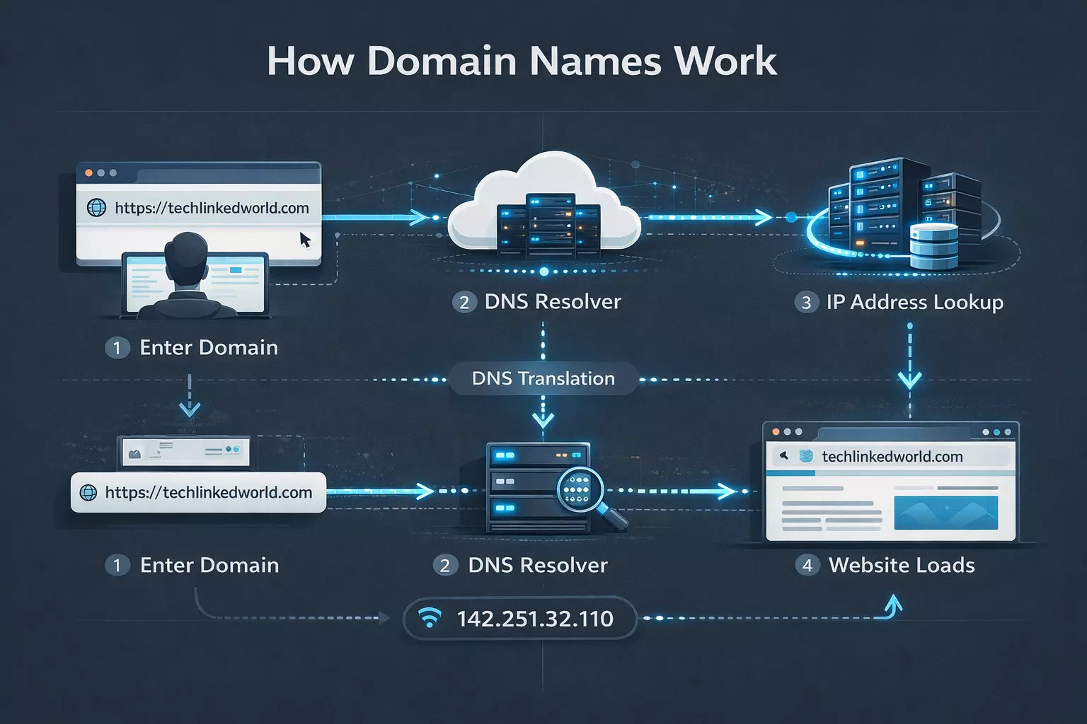 Diagram showing how domain names work using DNS to translate a domain into an IP address and load a website