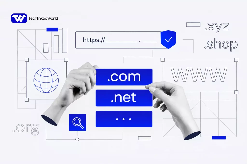 Illustration showing how a domain name works with DNS translating a website address into an IP address and loading a website