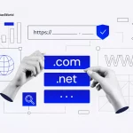 Illustration showing how a domain name works with DNS translating a website address into an IP address and loading a website