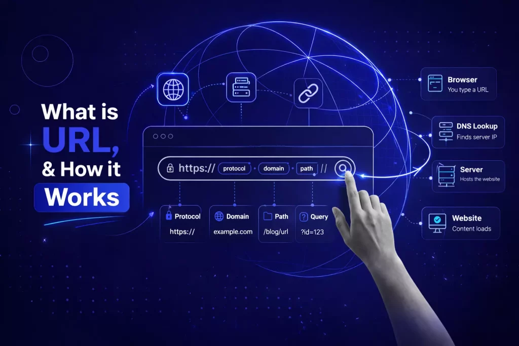 What is a URL and its structure explained, showing protocol, domain, path, query, and fragment in a simple visual